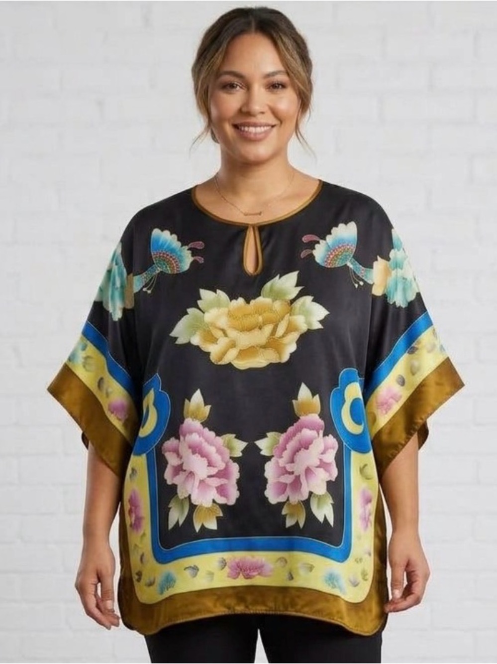Women’s Chinese Silk Blouse Top Floral Dolman Sleeve Kimono Style Black size XL
